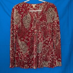 Plisse ribbed long sleeve blouse in rust, black and tan pattern, size large